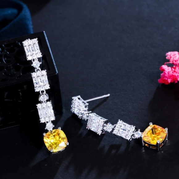 CITRINE Yellow Sterling Silver VVS1 Clarity White Gold Long Dangle Pin Earrings - Picture 3 of 16